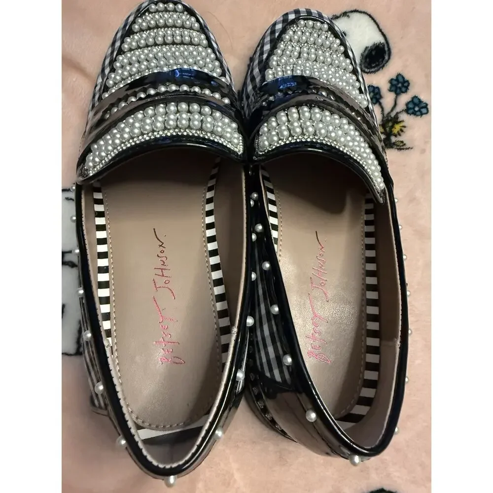 Betsey Johnson Women’s Loafer Flats Slip-On Gingham Pearl Studded 8.5M